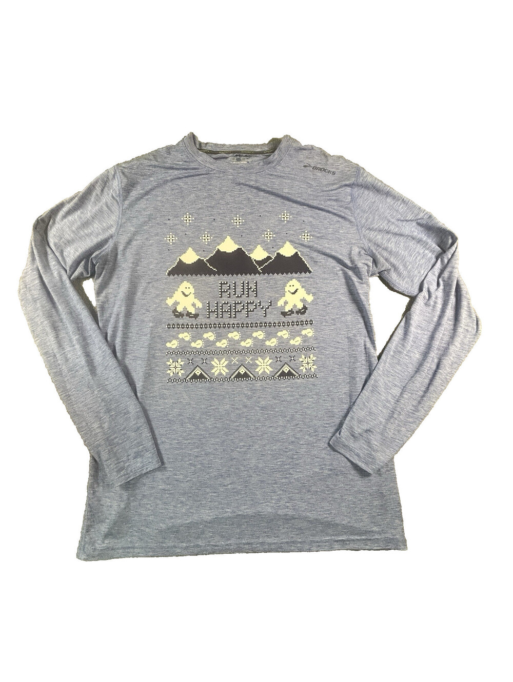 Brooks Run Happy Blue Long Sleeve Shirt Men's Medium Running Holiday Graphic Tee